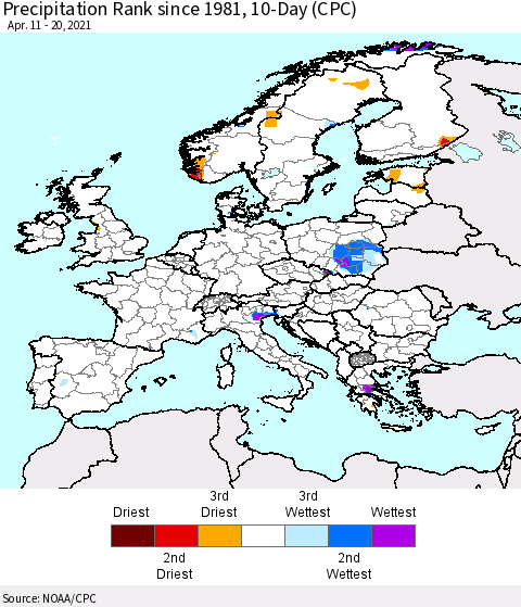 Europe Precipitation Rank 10-Day (CPC) Thematic Map For 4/11/2021 - 4/20/2021