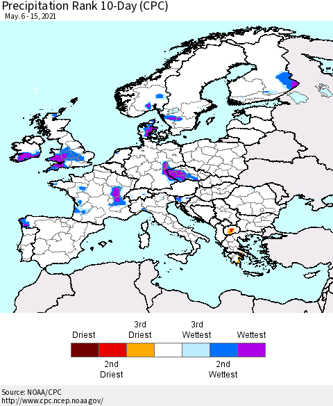 Europe Precipitation Rank 10-Day (CPC) Thematic Map For 5/6/2021 - 5/15/2021