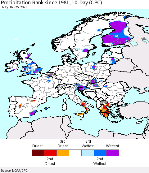 Europe Precipitation Rank since 1981, 10-Day (CPC) Thematic Map For 5/16/2021 - 5/25/2021