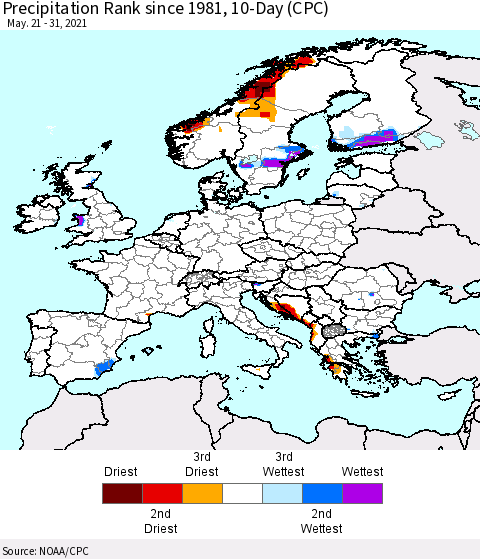Europe Precipitation Rank since 1981, 10-Day (CPC) Thematic Map For 5/21/2021 - 5/31/2021