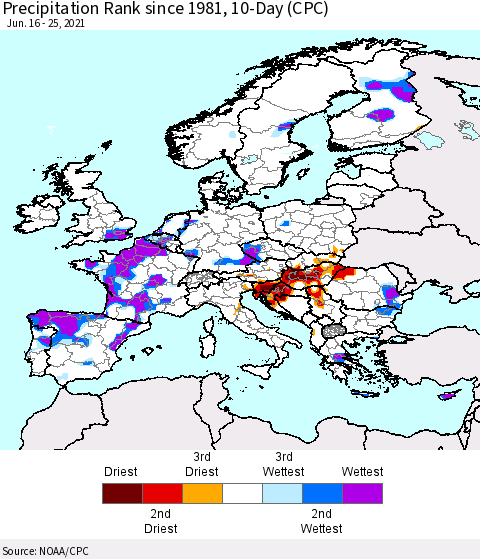Europe Precipitation Rank 10-Day (CPC) Thematic Map For 6/16/2021 - 6/25/2021
