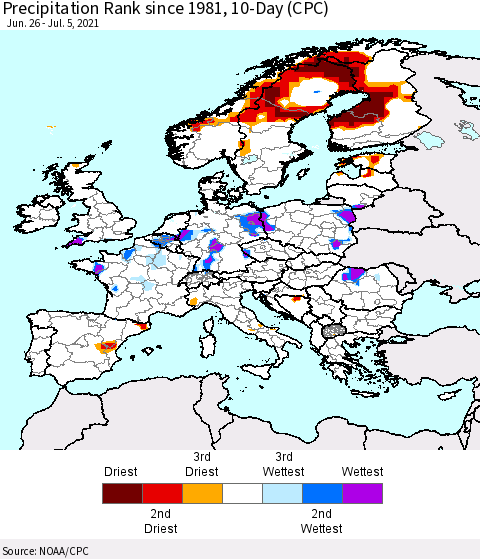 Europe Precipitation Rank 10-Day (CPC) Thematic Map For 6/26/2021 - 7/5/2021