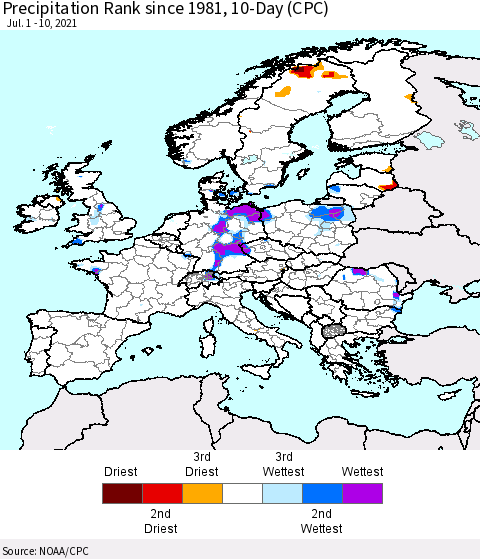 Europe Precipitation Rank since 1981, 10-Day (CPC) Thematic Map For 7/1/2021 - 7/10/2021