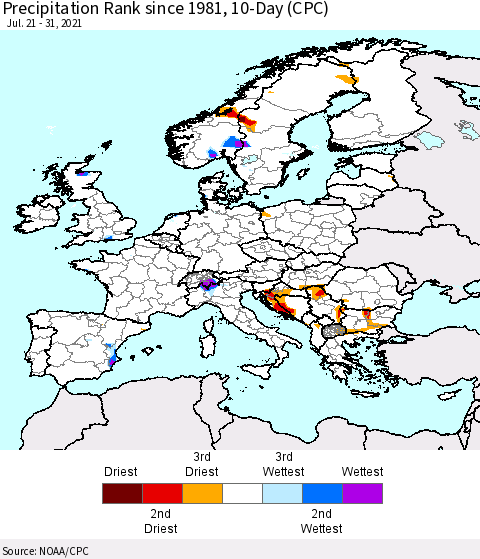 Europe Precipitation Rank 10-Day (CPC) Thematic Map For 7/21/2021 - 7/31/2021
