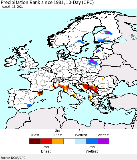 Europe Precipitation Rank 10-Day (CPC) Thematic Map For 8/6/2021 - 8/15/2021