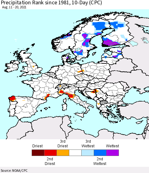 Europe Precipitation Rank 10-Day (CPC) Thematic Map For 8/11/2021 - 8/20/2021