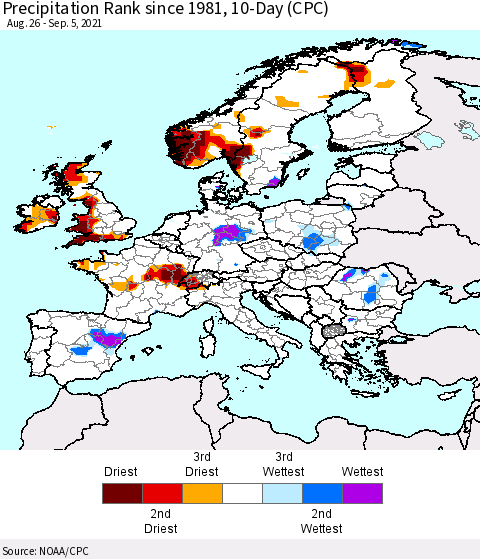 Europe Precipitation Rank since 1981, 10-Day (CPC) Thematic Map For 8/26/2021 - 9/5/2021