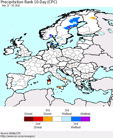 Europe Precipitation Rank 10-Day (CPC) Thematic Map For 9/21/2021 - 9/30/2021
