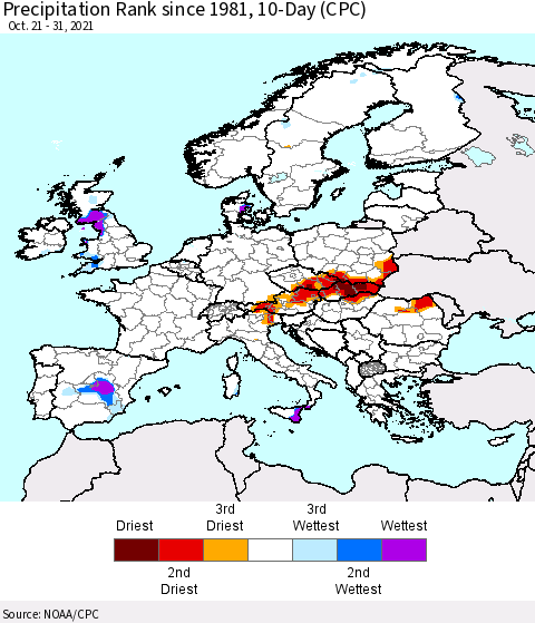 Europe Precipitation Rank 10-Day (CPC) Thematic Map For 10/21/2021 - 10/31/2021
