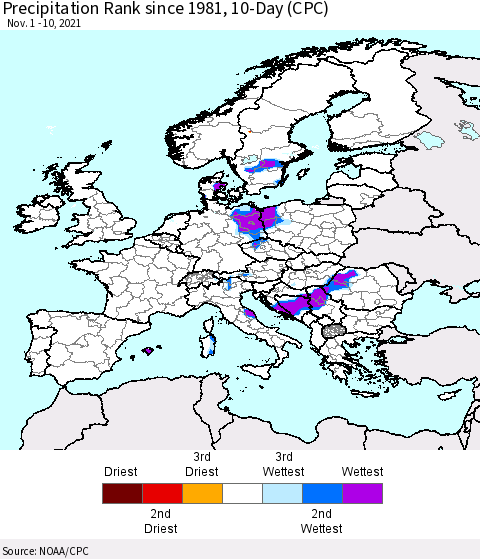 Europe Precipitation Rank 10-Day (CPC) Thematic Map For 11/1/2021 - 11/10/2021