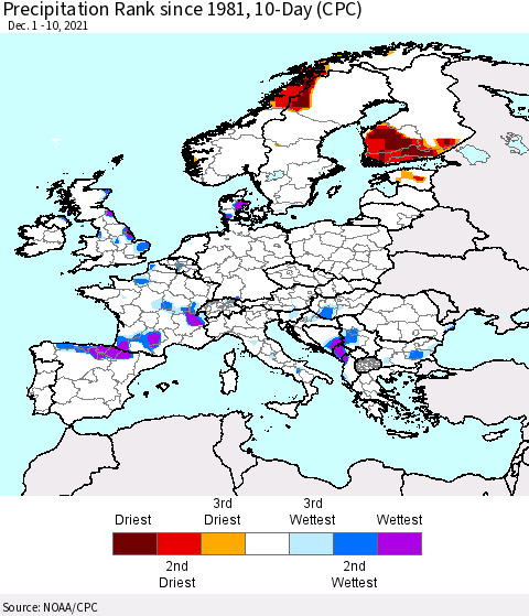 Europe Precipitation Rank 10-Day (CPC) Thematic Map For 12/1/2021 - 12/10/2021