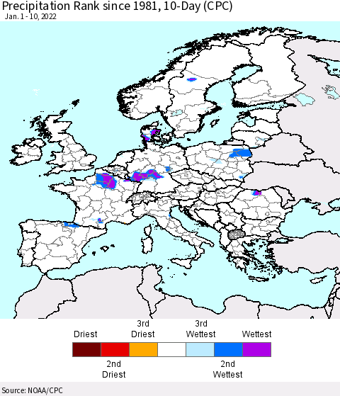 Europe Precipitation Rank 10-Day (CPC) Thematic Map For 1/1/2022 - 1/10/2022
