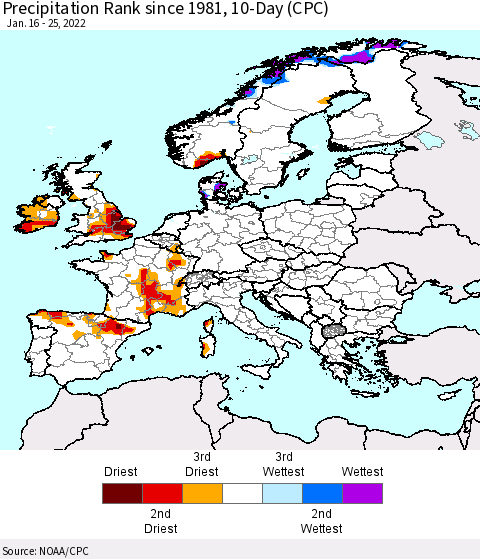 Europe Precipitation Rank 10-Day (CPC) Thematic Map For 1/16/2022 - 1/25/2022