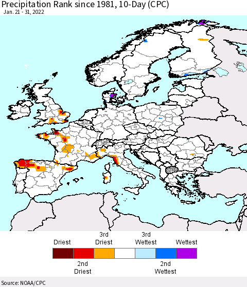Europe Precipitation Rank since 1981, 10-Day (CPC) Thematic Map For 1/21/2022 - 1/31/2022