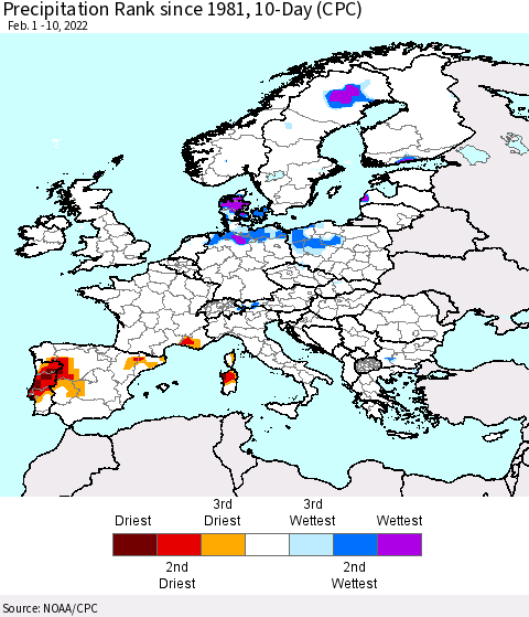 Europe Precipitation Rank 10-Day (CPC) Thematic Map For 2/1/2022 - 2/10/2022