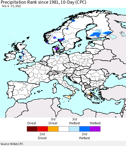 Europe Precipitation Rank since 1981, 10-Day (CPC) Thematic Map For 2/6/2022 - 2/15/2022
