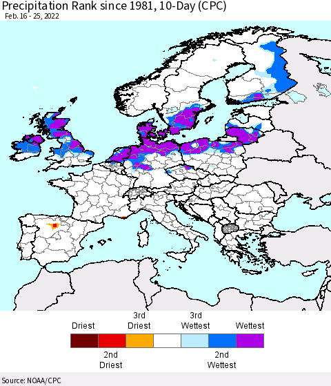 Europe Precipitation Rank since 1981, 10-Day (CPC) Thematic Map For 2/16/2022 - 2/25/2022