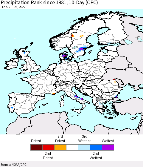 Europe Precipitation Rank since 1981, 10-Day (CPC) Thematic Map For 2/21/2022 - 2/28/2022