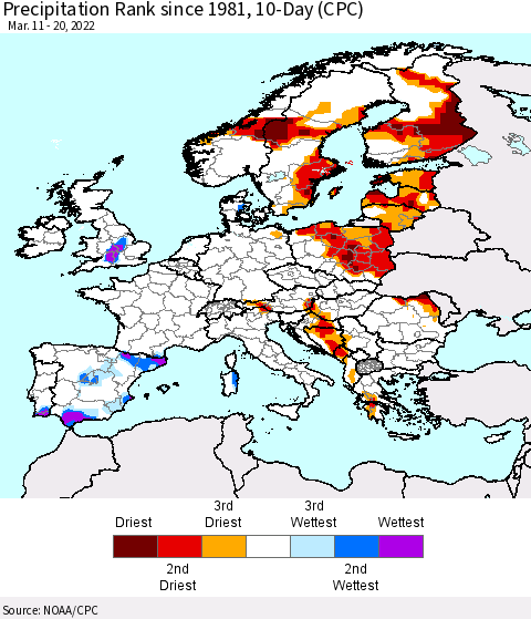Europe Precipitation Rank since 1981, 10-Day (CPC) Thematic Map For 3/11/2022 - 3/20/2022
