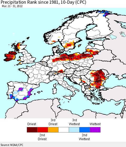Europe Precipitation Rank 10-Day (CPC) Thematic Map For 3/21/2022 - 3/31/2022