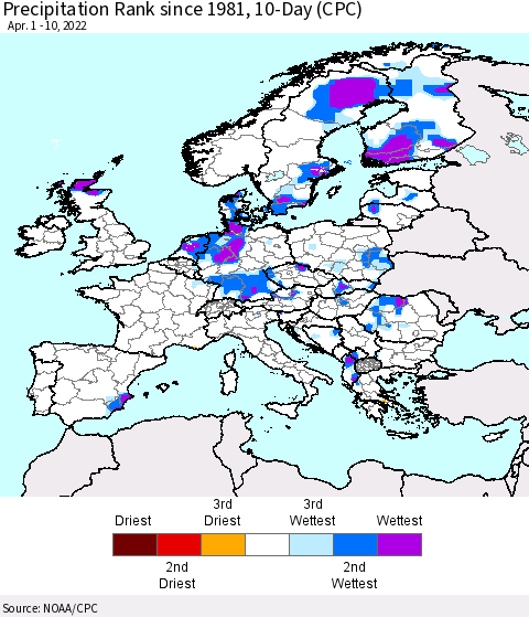 Europe Precipitation Rank since 1981, 10-Day (CPC) Thematic Map For 4/1/2022 - 4/10/2022