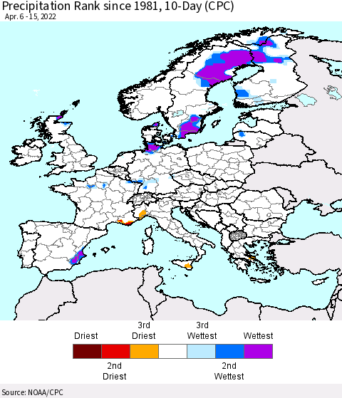 Europe Precipitation Rank since 1981, 10-Day (CPC) Thematic Map For 4/6/2022 - 4/15/2022
