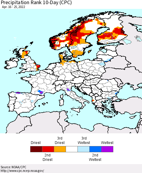 Europe Precipitation Rank 10-Day (CPC) Thematic Map For 4/16/2022 - 4/25/2022