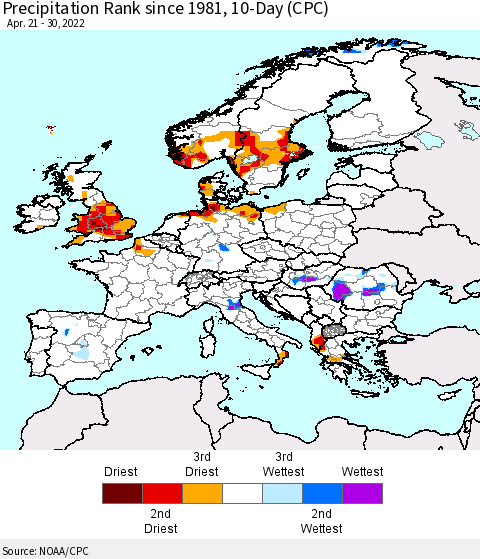 Europe Precipitation Rank since 1981, 10-Day (CPC) Thematic Map For 4/21/2022 - 4/30/2022