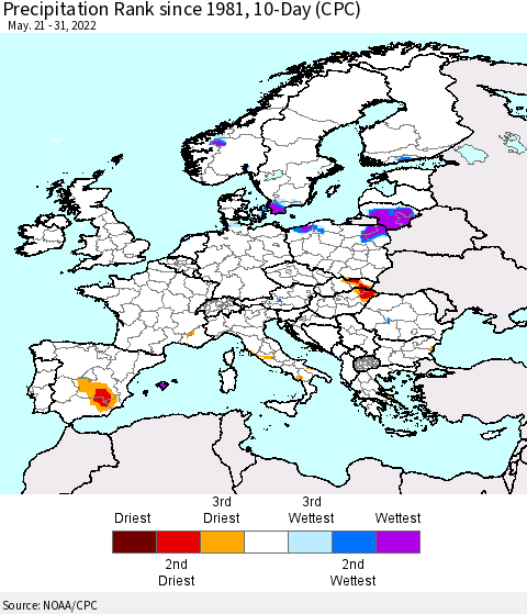 Europe Precipitation Rank since 1981, 10-Day (CPC) Thematic Map For 5/21/2022 - 5/31/2022