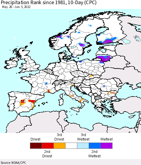 Europe Precipitation Rank since 1981, 10-Day (CPC) Thematic Map For 5/26/2022 - 6/5/2022
