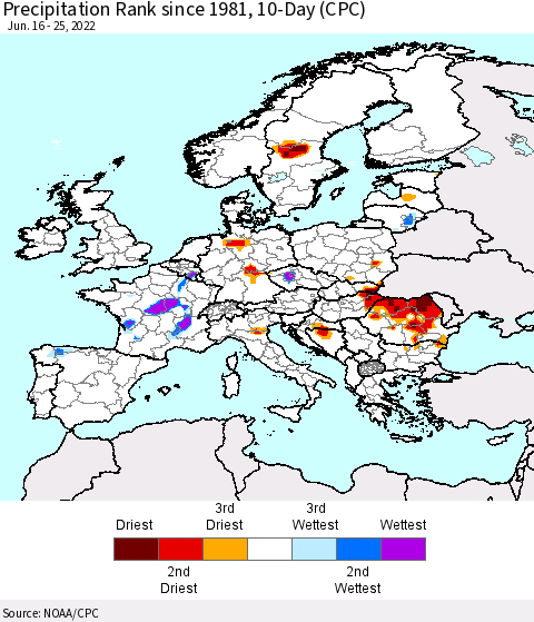 Europe Precipitation Rank since 1981, 10-Day (CPC) Thematic Map For 6/16/2022 - 6/25/2022