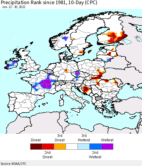 Europe Precipitation Rank since 1981, 10-Day (CPC) Thematic Map For 6/21/2022 - 6/30/2022