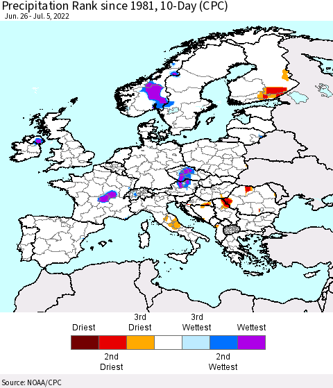 Europe Precipitation Rank since 1981, 10-Day (CPC) Thematic Map For 6/26/2022 - 7/5/2022