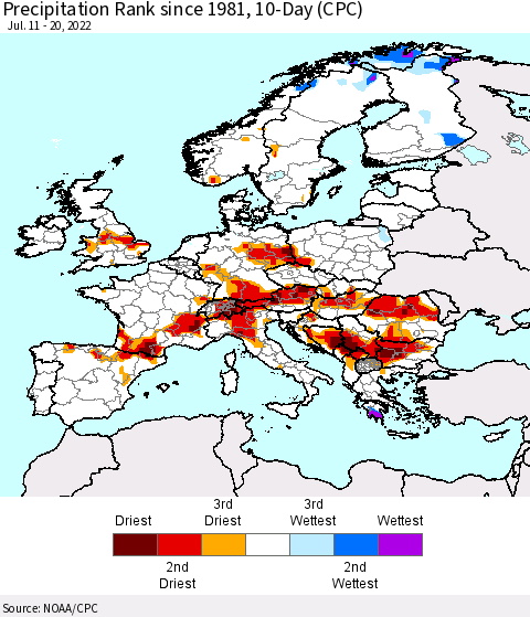 Europe Precipitation Rank since 1981, 10-Day (CPC) Thematic Map For 7/11/2022 - 7/20/2022