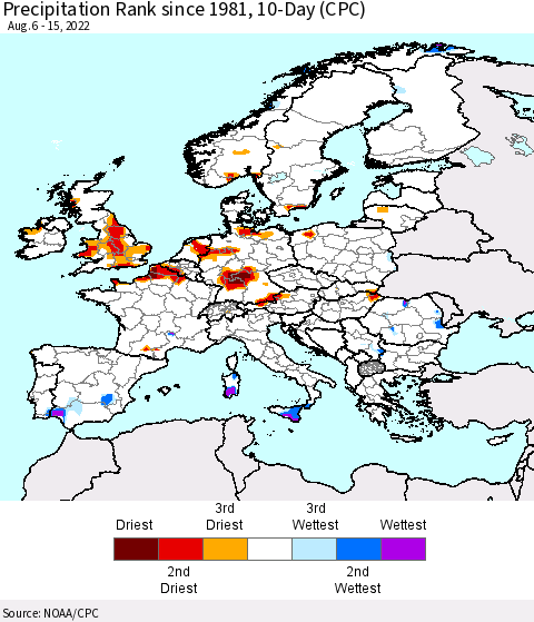 Europe Precipitation Rank since 1981, 10-Day (CPC) Thematic Map For 8/6/2022 - 8/15/2022