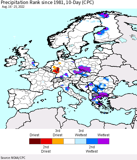Europe Precipitation Rank since 1981, 10-Day (CPC) Thematic Map For 8/16/2022 - 8/25/2022