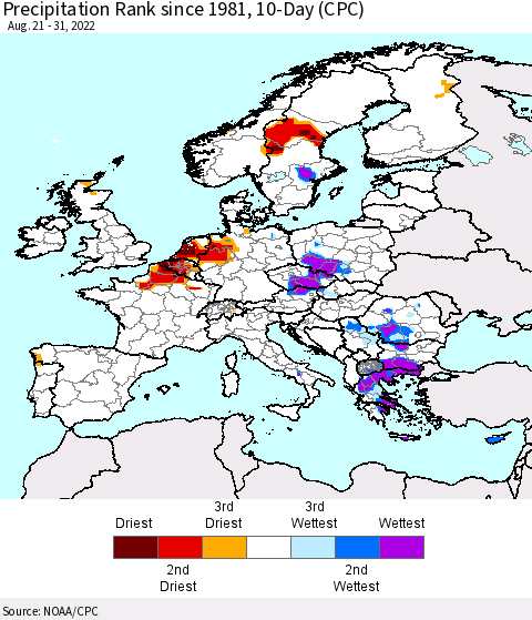 Europe Precipitation Rank since 1981, 10-Day (CPC) Thematic Map For 8/21/2022 - 8/31/2022