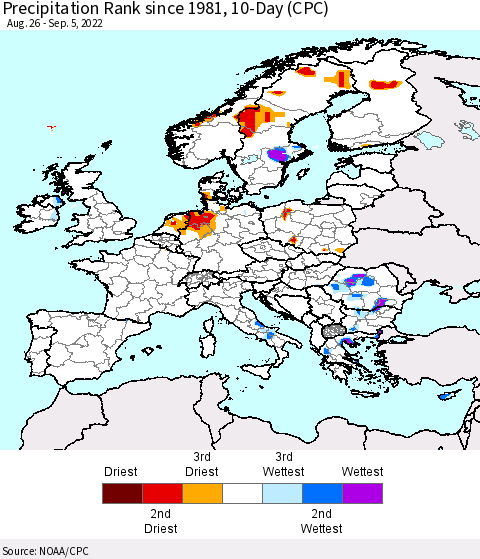 Europe Precipitation Rank since 1981, 10-Day (CPC) Thematic Map For 8/26/2022 - 9/5/2022