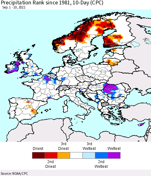 Europe Precipitation Rank since 1981, 10-Day (CPC) Thematic Map For 9/1/2022 - 9/10/2022