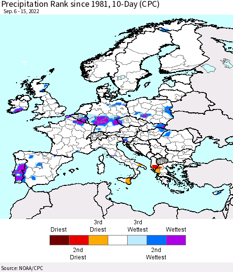 Europe Precipitation Rank since 1981, 10-Day (CPC) Thematic Map For 9/6/2022 - 9/15/2022