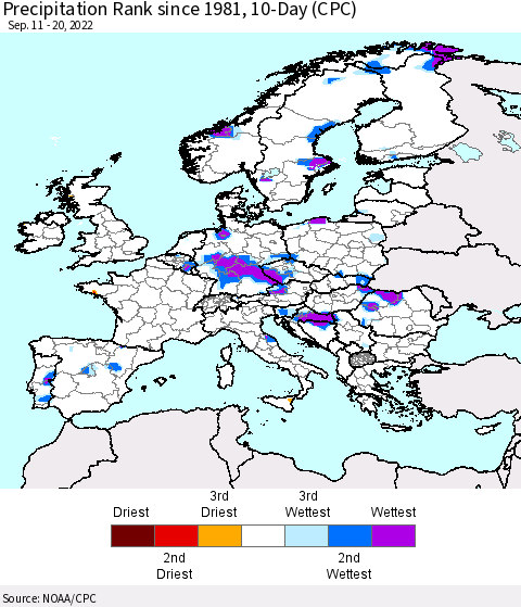 Europe Precipitation Rank since 1981, 10-Day (CPC) Thematic Map For 9/11/2022 - 9/20/2022