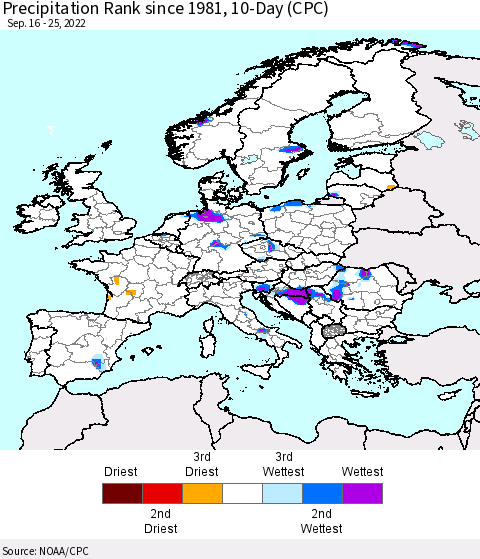 Europe Precipitation Rank since 1981, 10-Day (CPC) Thematic Map For 9/16/2022 - 9/25/2022