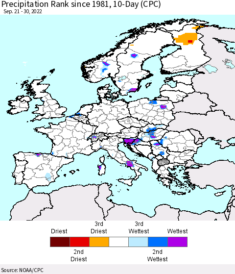 Europe Precipitation Rank since 1981, 10-Day (CPC) Thematic Map For 9/21/2022 - 9/30/2022