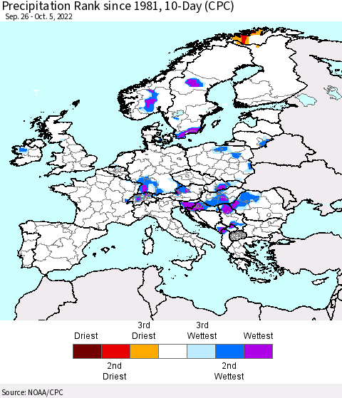 Europe Precipitation Rank since 1981, 10-Day (CPC) Thematic Map For 9/26/2022 - 10/5/2022