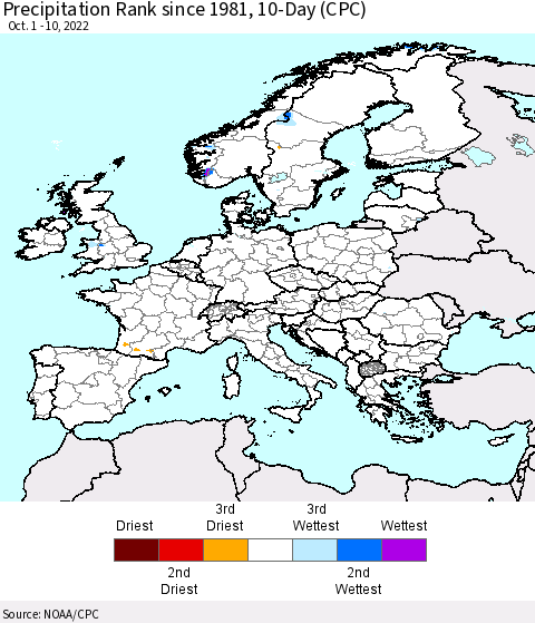 Europe Precipitation Rank since 1981, 10-Day (CPC) Thematic Map For 10/1/2022 - 10/10/2022
