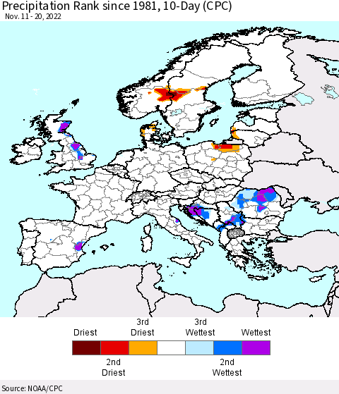 Europe Precipitation Rank since 1981, 10-Day (CPC) Thematic Map For 11/11/2022 - 11/20/2022
