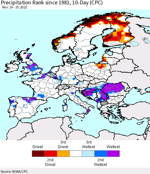 Europe Precipitation Rank since 1981, 10-Day (CPC) Thematic Map For 11/16/2022 - 11/25/2022