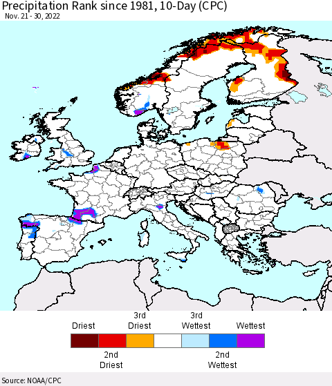 Europe Precipitation Rank since 1981, 10-Day (CPC) Thematic Map For 11/21/2022 - 11/30/2022