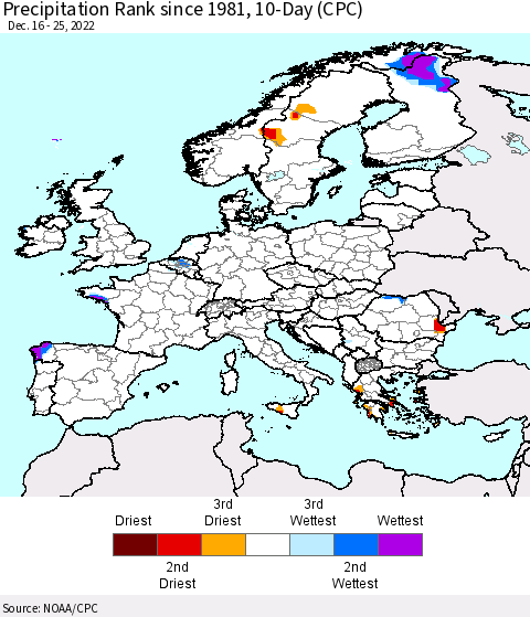 Europe Precipitation Rank since 1981, 10-Day (CPC) Thematic Map For 12/16/2022 - 12/25/2022