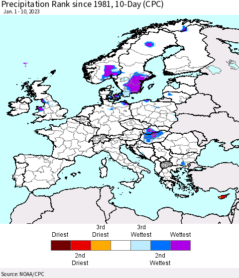 Europe Precipitation Rank since 1981, 10-Day (CPC) Thematic Map For 1/1/2023 - 1/10/2023